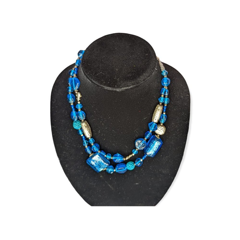 Blue Glass Beaded Double Strand Necklace w/Lobster Claw Clasp
